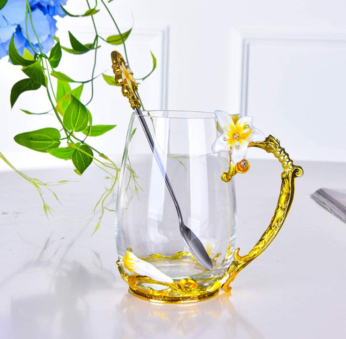 Floral Glass Mug & Spoon Set Gift - Specialty Tea Cup / Coffee Mug