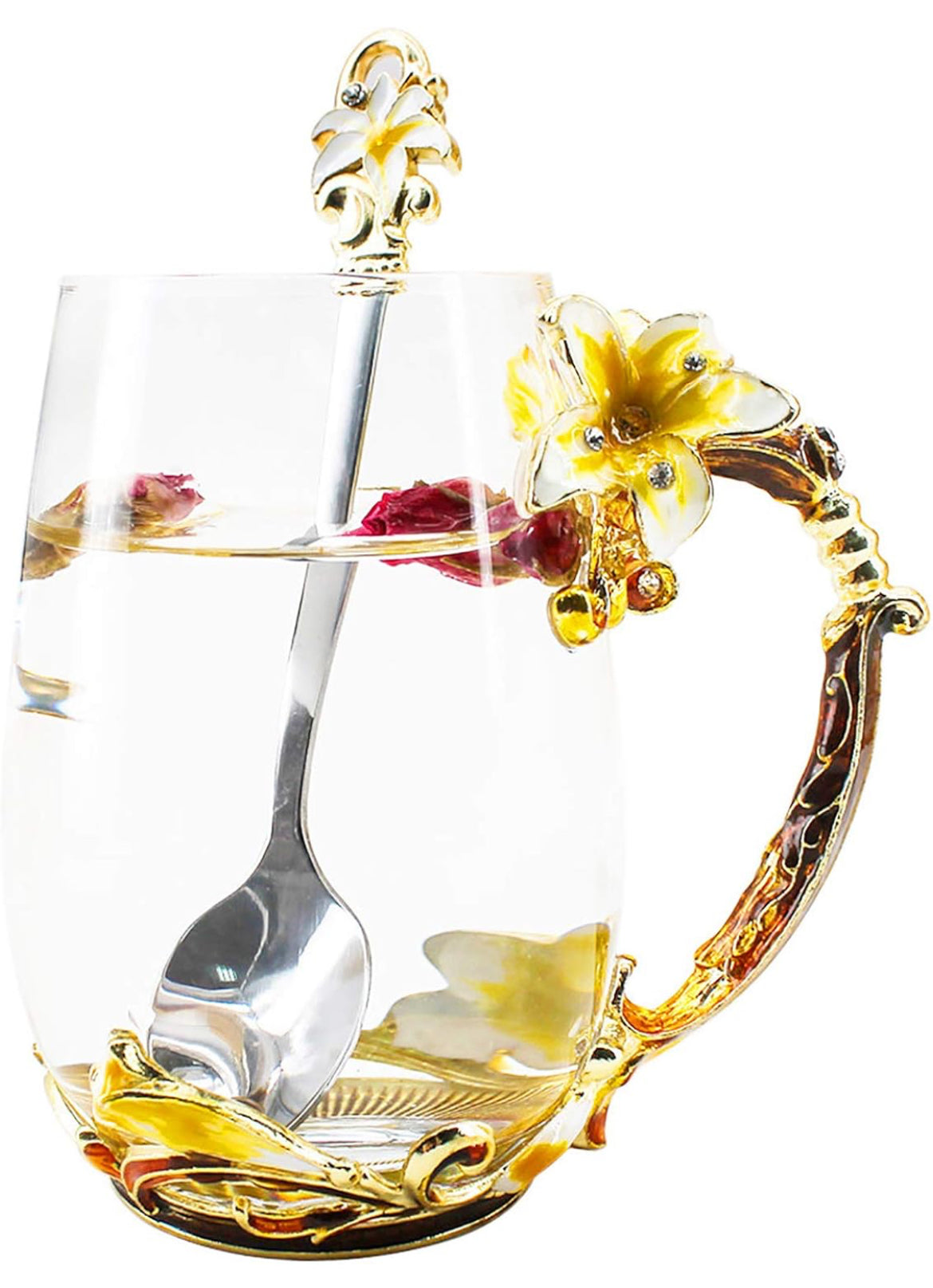 Floral Glass Mug & Spoon Set Gift - Specialty Tea Cup / Coffee Mug