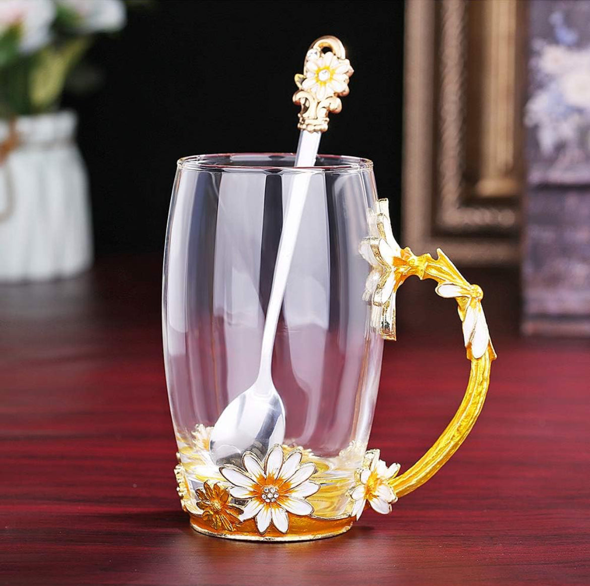 Floral Glass Mug & Spoon Set Gift - Specialty Tea Cup / Coffee Mug