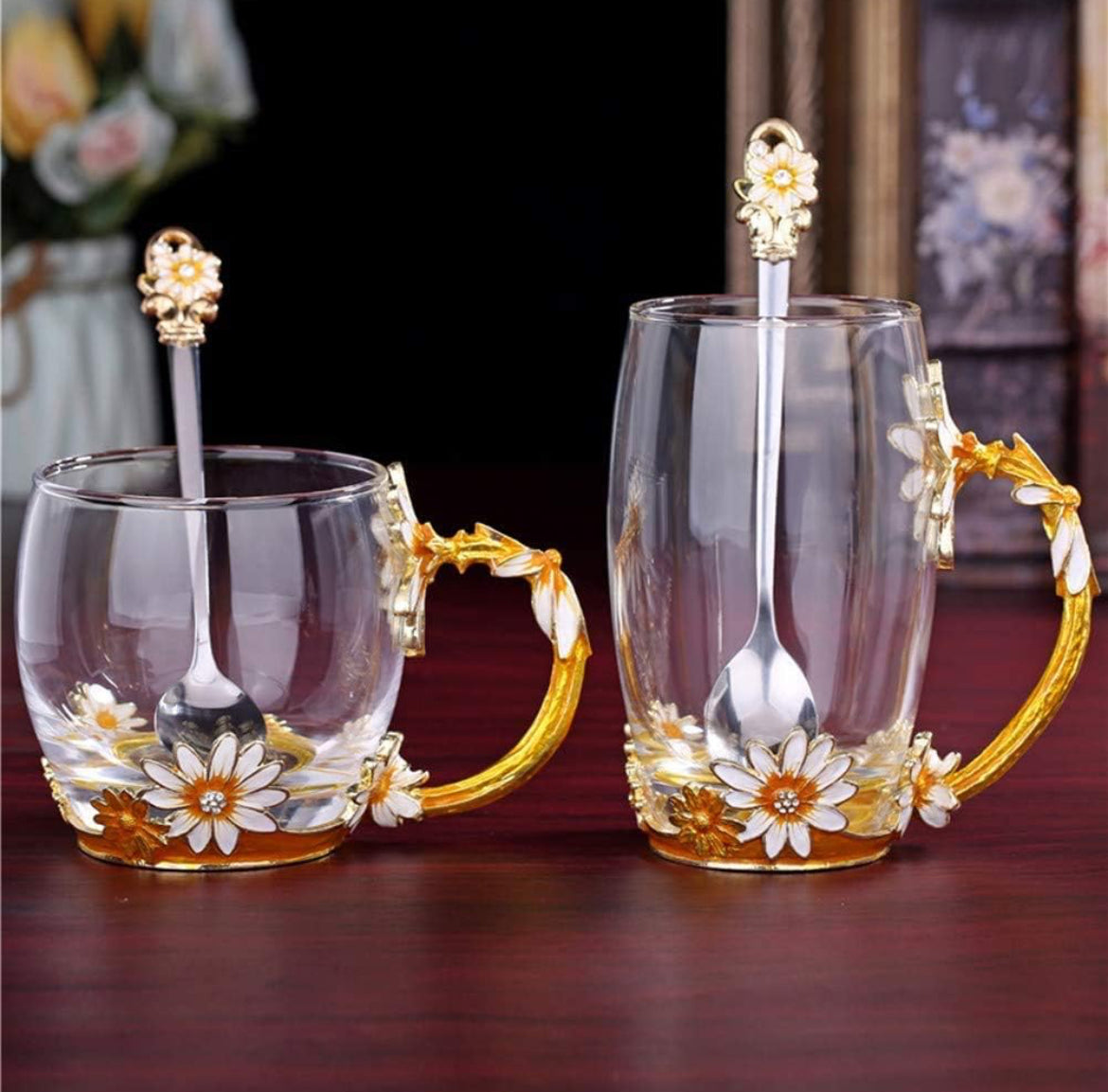 Floral Glass Mug & Spoon Set Gift - Specialty Tea Cup / Coffee Mug
