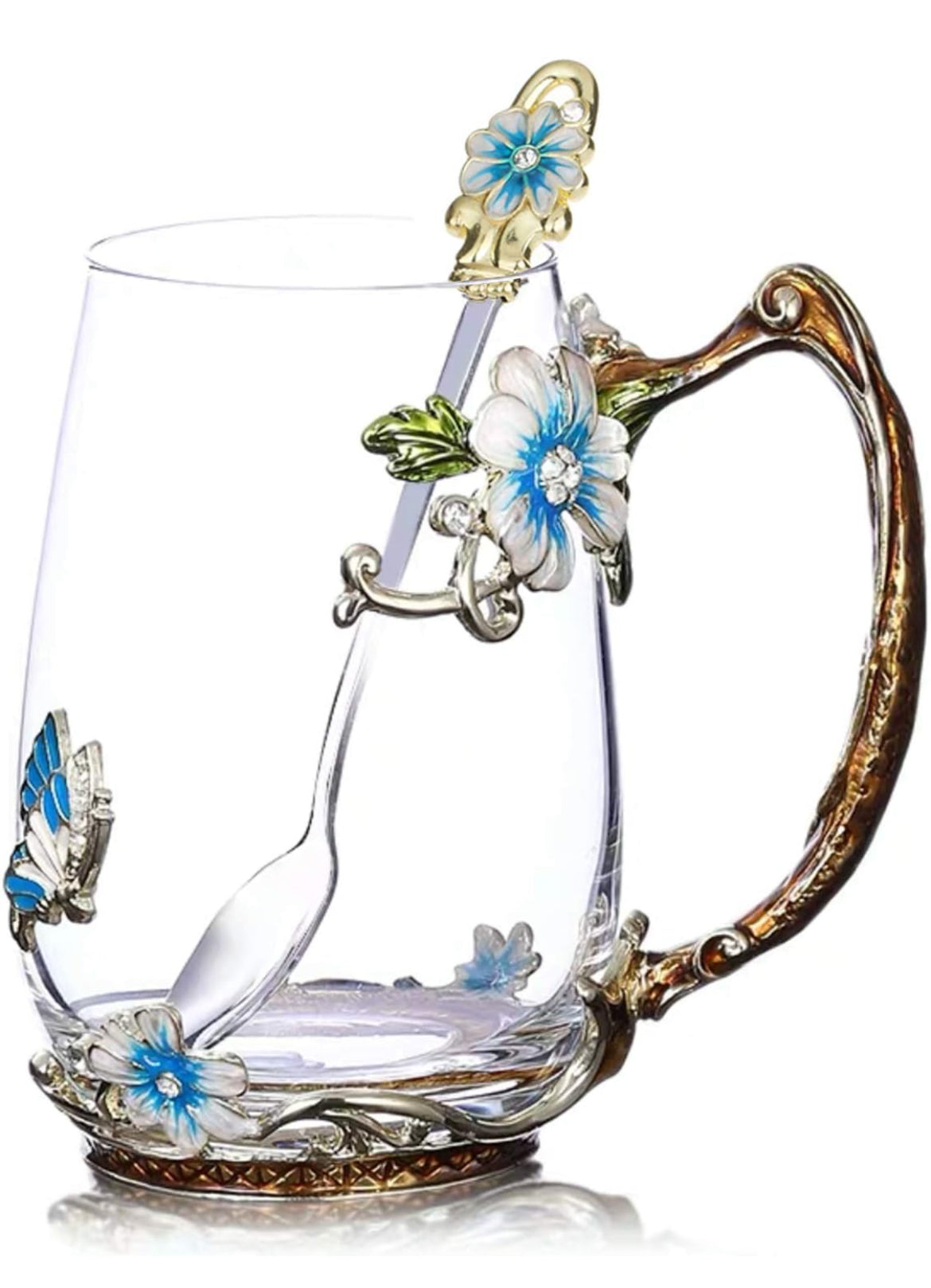 Floral Glass Mug & Spoon Set Gift - Specialty Tea Cup / Coffee Mug