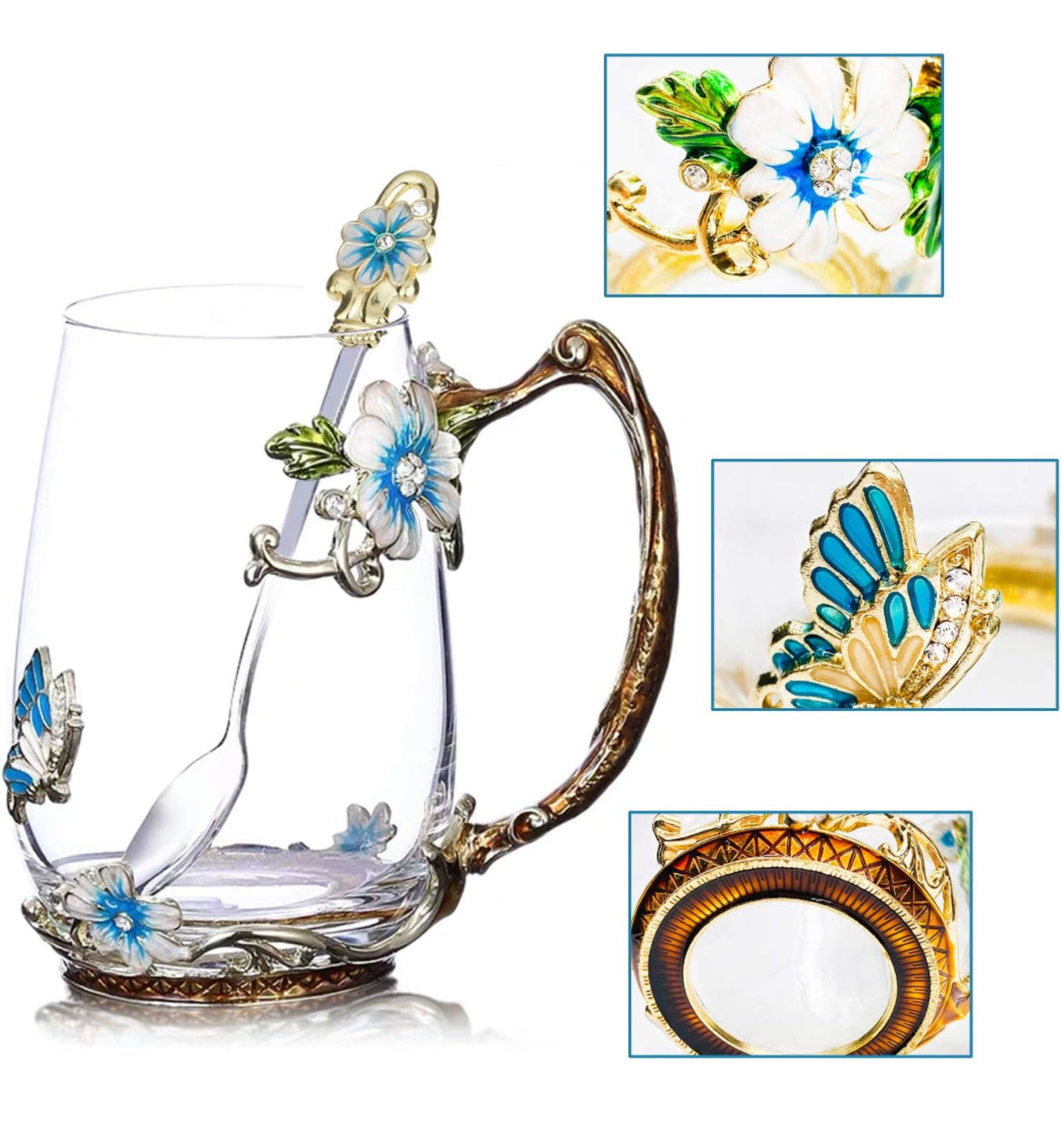Floral Glass Mug & Spoon Set Gift - Specialty Tea Cup / Coffee Mug