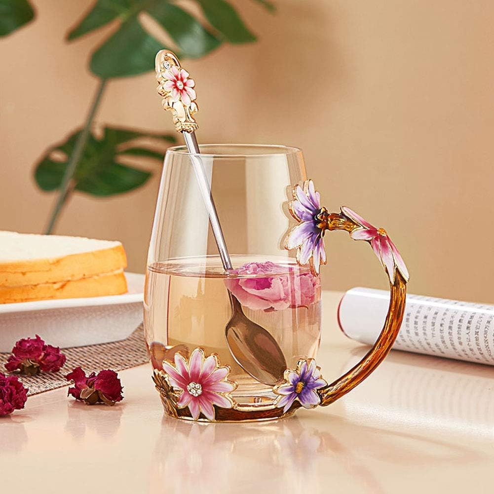 Floral Glass Mug & Spoon Set Gift - Specialty Tea Cup / Coffee Mug