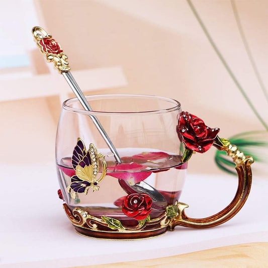 Floral Glass Mug & Spoon Set Gift - Specialty Tea Cup / Coffee Mug