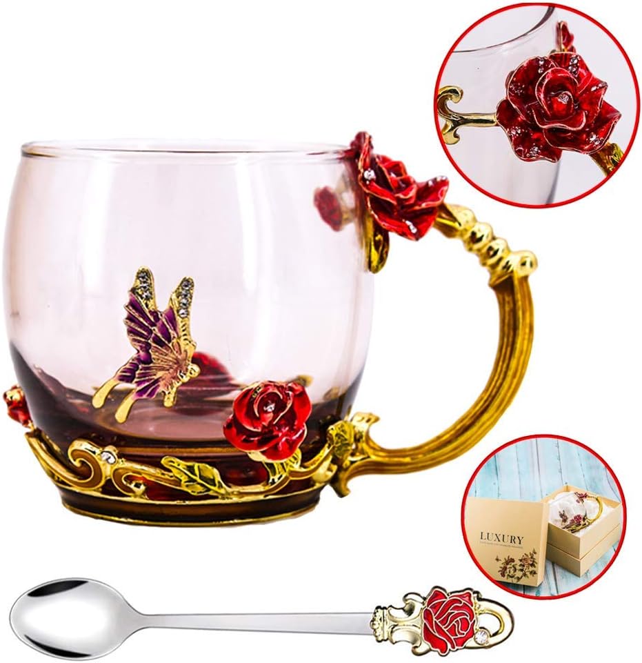 Floral Glass Mug & Spoon Set Gift - Specialty Tea Cup / Coffee Mug