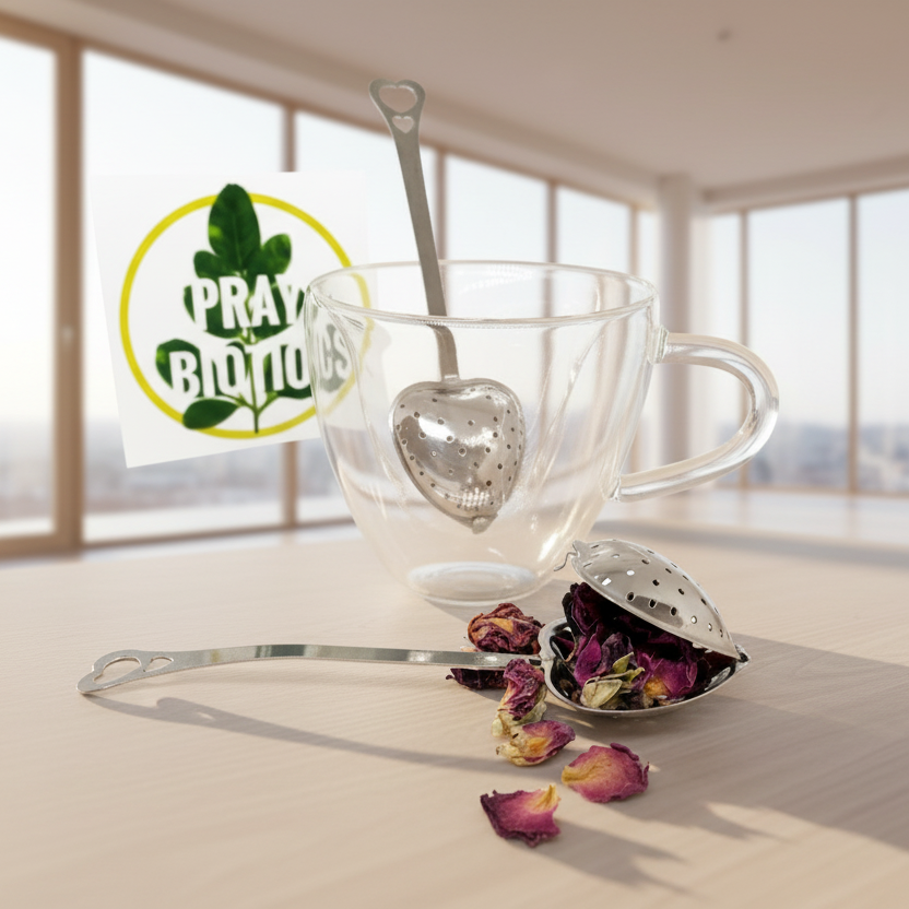 Clear glass teacup with metal tea infuser on a light surface, Praybiotics logo in the corner.